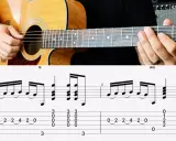 Un guitariste joue un riff guitare entraînant, avec la partition et la tablature affichées.