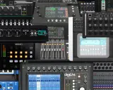 Une collection de consoles de mixage numériques et d'interfaces audio, dont une table de mixage virtuelle affichée sur une tablette.