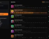 Interface de création musicale affichant des "paternes" de rythmes, avec des options pour générer de nouveaux sons et une liste de créations existantes.