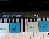 Les renversements d'accords piano expliqués avec des notes sur les touches : do, mi, sol.