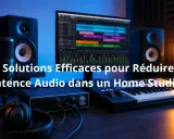 Studio d'enregistrement avec micro, casque, carte son, clavier et écran affichant une piste audio. Idéal pour éviter d'avoir de la latence.