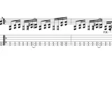 Partition de guitare avec indication de tempo J=90. La tablature montre une séquence de notes, incluant des "X" pour les cordes étouffées, et des indications de "P.M." (palm mute). Le "drop d" est suggéré par la position des notes.