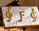 Sur un pupitre, des notes de musique dorées "G", "Fa" et une clef d'ut 4 sur des partitions. Un piano est visible en arrière-plan.
