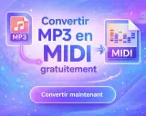 Convertir MP3 en MIDI gratuitement. L'image montre un processus de conversion audio vers MIDI, avec des icônes MP3 et MIDI.