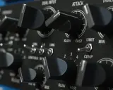 Gros plan sur les boutons et interrupteurs d'un compresseur audio. Réglages d'attaque, de seuil et de ratio sur cet équipement de studio.