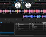 Interface d'un logiciel de mixage DJ avec deux platines virtuelles, formes d'ondes colorées et une liste de morceaux.