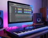 Un **synthétiseur techno** prêt à créer des rythmes. Un écran affiche une table de mixage, des enceintes et des lumières d'ambiance complètent l'espace de création musicale.