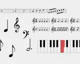 Diverses notes de musique, portées et un clavier de piano avec une touche rouge.