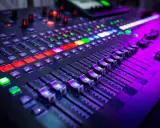 Gros plan sur un **mixer analogique** illuminé par des lumières violettes et rouges. Les faders et les boutons sont prêts pour une session d'enregistrement.