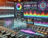 Table de mixage avec écrans affichant des graphiques d'ondes et des indicateurs de signal numérique, tels que le "bit depth" et l'"oversampling".