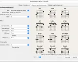 Bibliothèque de grilles d'accords affichant plusieurs diagrammes de notation d'accords de guitare, avec des options de filtrage sur la gauche.