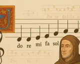 Une note de musique en lettre ornée, un moine pensif et des notes musicales sur une partition ancienne.
