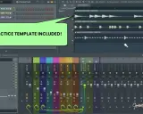 Interface de Fl Studio avec un template de pratique inclus pour la mélodie, la batterie et les snares.