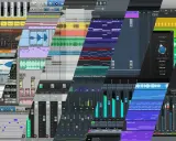 Écrans de logiciels de production musicale, avec des pistes audio, des synthétiseurs et des contrôles de mixage, suggérant le processus de mastering.