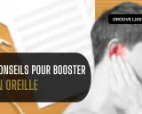 Un homme se tient l'oreille, avec des notes de musique et des écouteurs en arrière-plan. 4 conseils pour booster tes oreilles musicales.