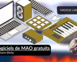 Découvrez 10 logiciels de MAO gratuits, dont un logiciel looper gratuit, pour créer votre musique. Illustration avec un musicien et du matériel audio.
