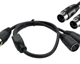 Câble noir avec un connecteur DIN 5 broches et deux connecteurs DIN 5 broches femelles pour une connexion MIDI.