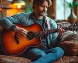 Un homme joue d'une guitare acoustique sunburst sur un canapé en cuir. Il réfléchit à quelle guitare choisir pour sa prochaine chanson.