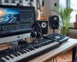 Bureau de musique avec écran affichant une table de mixage, clavier, casque et enceintes. Le port midi est prêt pour la création sonore.