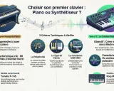 Comparaison entre un piano et un synthétiseur pour débutant, avec leurs caractéristiques et modèles recommandés.