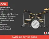 Illustration d'une batterie instrument de rock, avec grosse caisse, toms, caisse claire, charleston et cymbales.