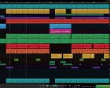 Tableau d'une station de travail audio numérique, montrant des pistes pour la **mao musique** : batterie, basse, synthés et effets.