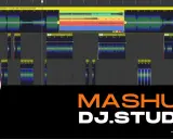 Interface de production musicale avec des formes d'onde audio. Idéal pour la formation beatmaker et le mixage.