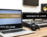 Un ordinateur portable affiche "CRÉER DE LA MUSIQUE" et "STUDIO EN LIGNE". Un clavier, des écouteurs et un moniteur de studio sont prêts pour faire de la musique en ligne.