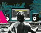 Un producteur de musique, casque sur les oreilles, face à son écran, navigue entre Ableton et Cubase. Palmiers stylisés et formes géométriques.