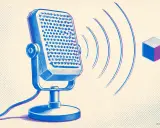 Microphone vintage bleu émettant des ondes sonores vers un cube. Idéal pour un voice tag gratuit.