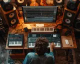 Un artiste crée de la **production musique** dans son studio, entouré de claviers, synthétiseurs, guitares et enceintes.