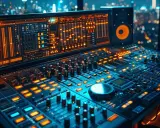 Console de mixage audio illuminée, parfaite pour une formation mixage audio. Les lumières bleues et oranges créent une ambiance de studio nocturne.