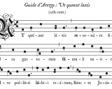 Manuscrit médiéval avec notation musicale. La clé de ré indique le début d'une mélodie ancienne.