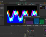 Interface d'un logiciel live montrant des formes d'onde audio colorées et des réglages d'analyse audio.