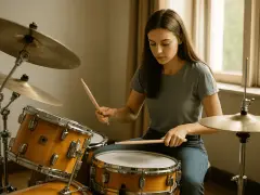 Une jeune femme concentrée joue de la batterie, créant un son de batterie rythme entraînant.