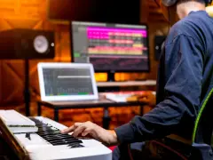 Un musicien compose avec un clavier et un ordinateur dans un studio d'enregistrement.