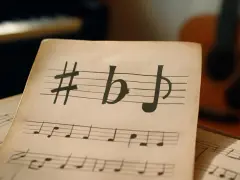Partition de musique avec un dièse, un bémol et un double bémol. En arrière-plan, un piano et une guitare.