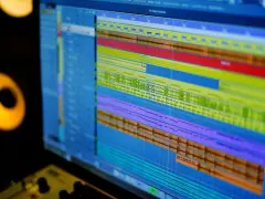 Écran d'ordinateur affichant une piste audio complexe, prêt pour le meilleur logiciel de mixage. Des moniteurs de studio sont visibles sur le côté.
