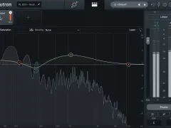 Interface d'égaliseur audio avec courbes de réponse en fréquence et réglages de limiteur. La définition de l'eq est visible.