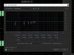 Interface d'un filtre coupe-bande avec une courbe de réponse en fréquence et des réglages pour le hpf audio.