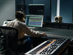 Ingénieur du son aux commandes d'une console, peaufinant le mix and master d'une nouvelle piste musicale.