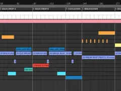 Séquenceur musical affichant des pistes pour des compositions musicales, avec des sections nommées "Intro", "Drop" et "Breakdown".