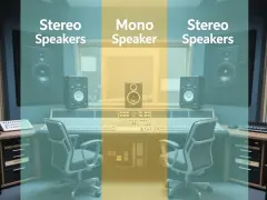 Studio d'enregistrement avec une console de mixage, des fauteuils et des enceintes. La zone centrale met en évidence une enceinte mono, tandis que les zones latérales montrent des enceintes stéréo pour une expérience de musique stéréo immersive.