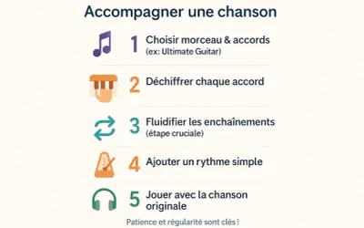 Guide pour accompagner une chanson : choisir le morceau, déchiffrer chaque accord de piano, fluidifier les enchaînements, ajouter un rythme et jouer avec la chanson originale.
