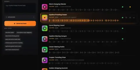 Interface de création musicale affichant des "paternes" de rythmes, avec des options pour générer de nouveaux sons et une liste de créations existantes.