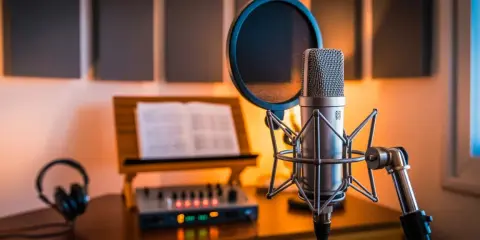 Studio d'enregistrement avec un micro line, un pupitre, des écouteurs et une console de mixage.