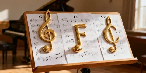 Sur un pupitre, des notes de musique dorées "G", "Fa" et une clef d'ut 4 sur des partitions. Un piano est visible en arrière-plan.