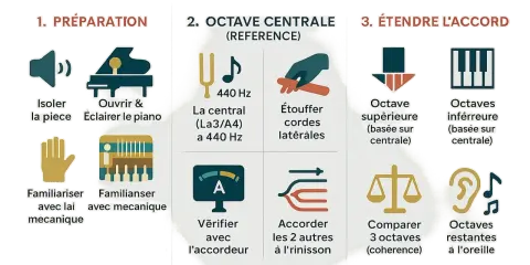 Guide pour accorder un piano : préparation, accord de l'octave centrale (La3/A4 à 440 Hz), puis extension de l'accord aux octaves supérieures et inférieures.
