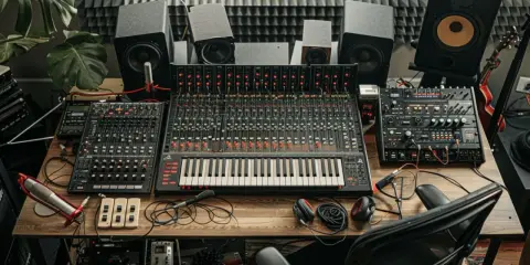 Studio d'enregistrement avec table de mixage, synthétiseurs et enceintes. Un espace dédié au mix audio, prêt à créer des sons uniques.