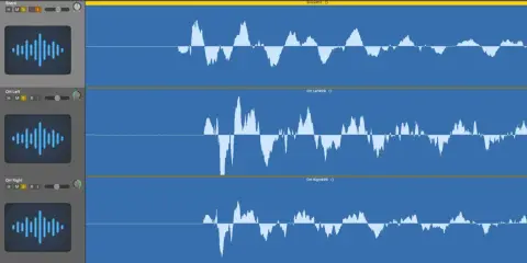 Visualisation des formes d'onde audio pour une piste de snare et deux pistes overhead (gauche et droite).